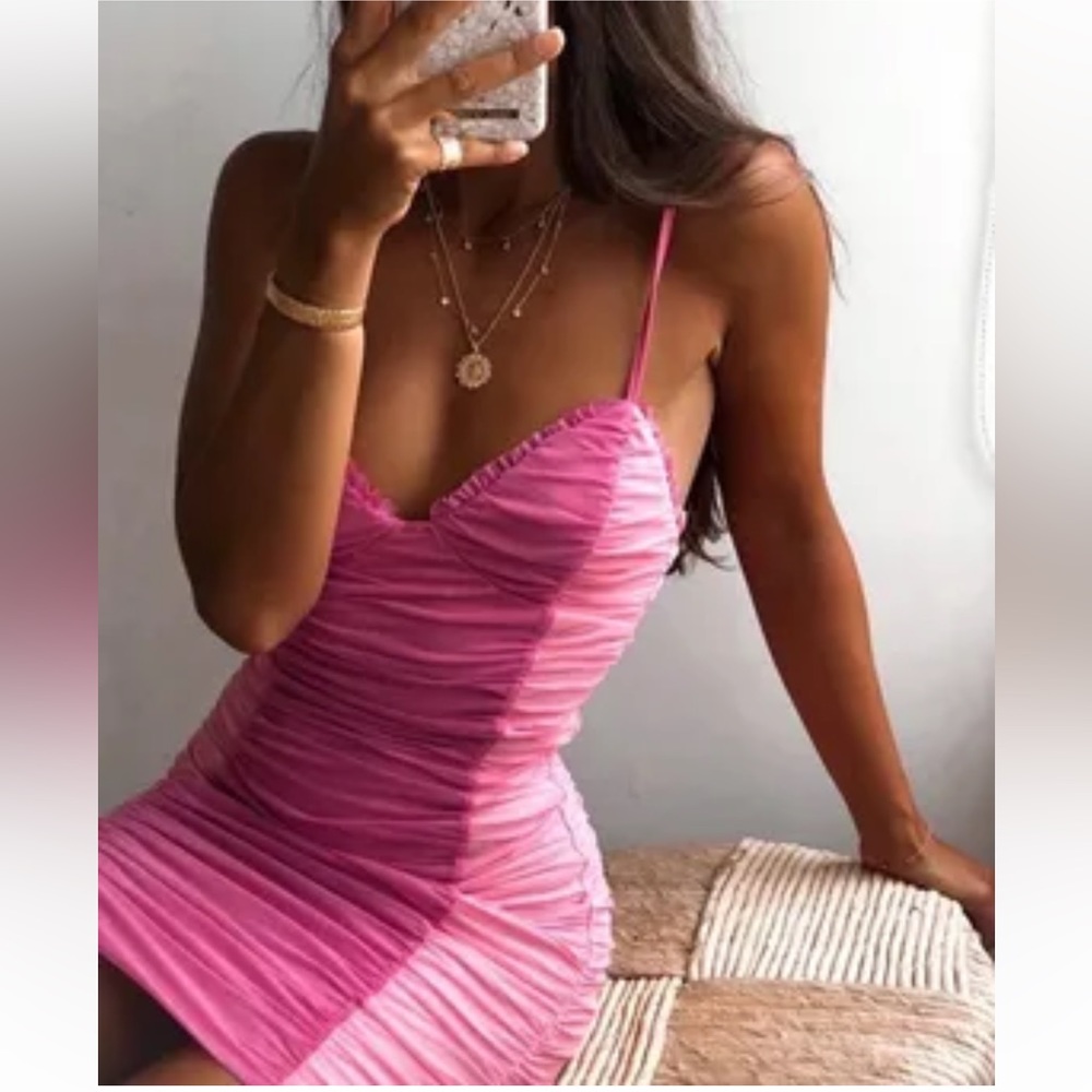 Tiger Mist Adena Pink Colorblock Ruched Mesh Dress - Picture 7 of 8